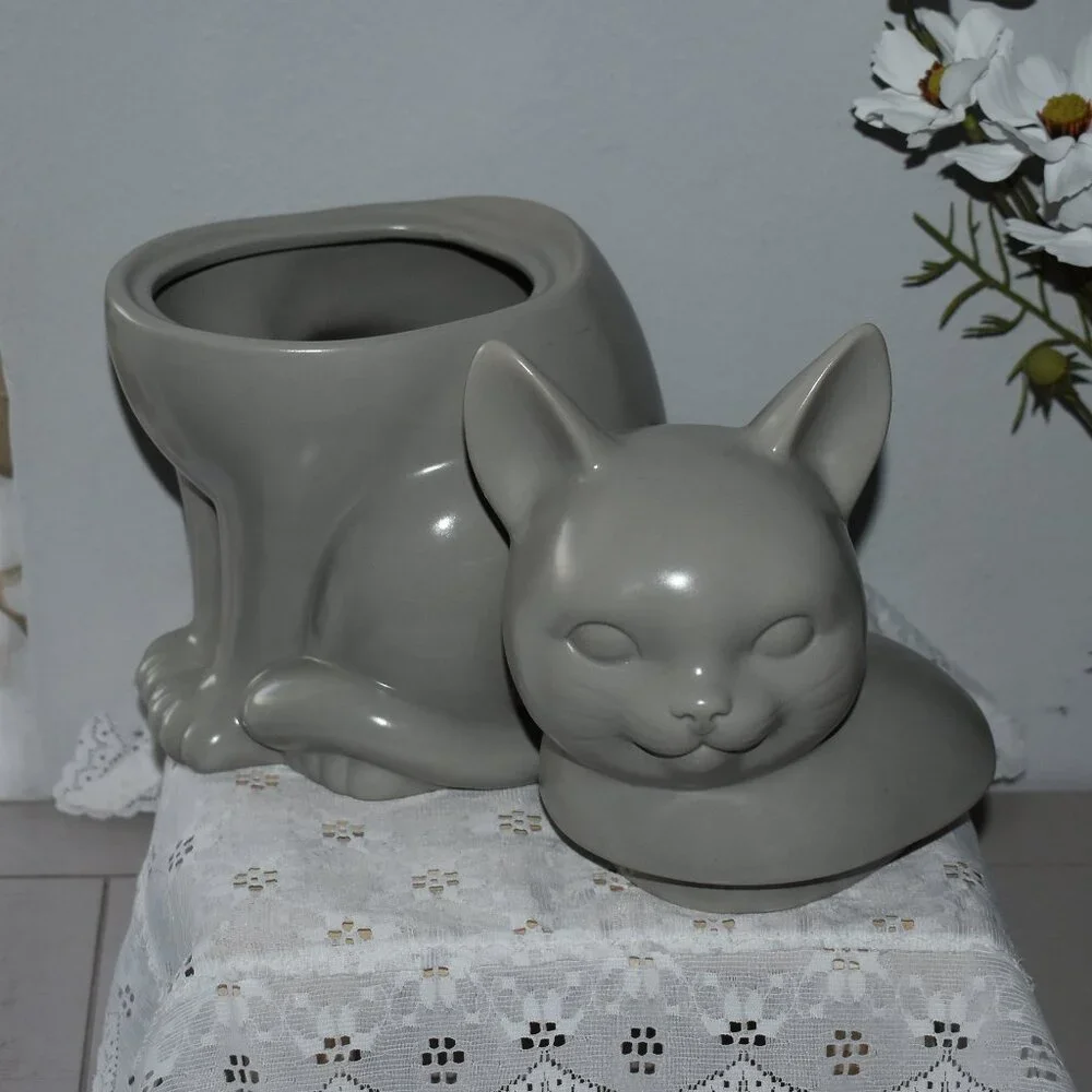 Threshold Stoneware Gray Cat Cookie Jar Cottage Farmhouse Kitchen Decor - Picture 2 of 13